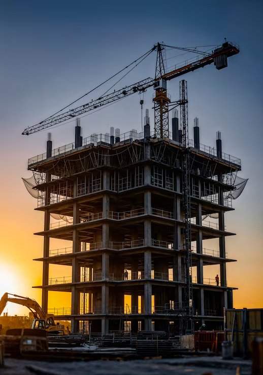 Edifício residencial em construção, com guindaste, ao entardecer